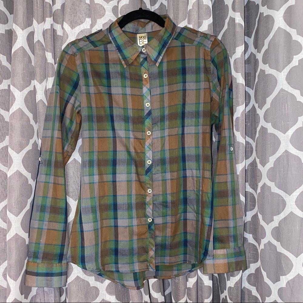 Fitted collared plaid button down collared shirt long sleeves semi sheer